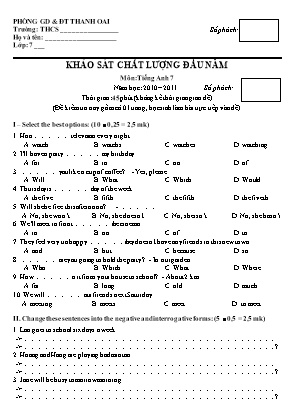 Đề khảo sát chất lượng đầu năm môn Tiếng Anh Lớp 7 - Năm học 2010-2011 - Phòng GD và ĐT Thanh Oai (Có đáp án)